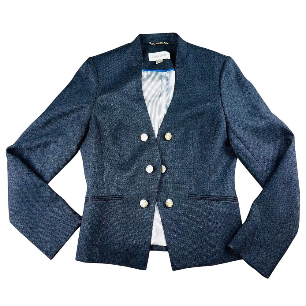 Calvin Klein Blazer Women 8P Blue Gold Buttons Pinstripe Lining Double Breasted